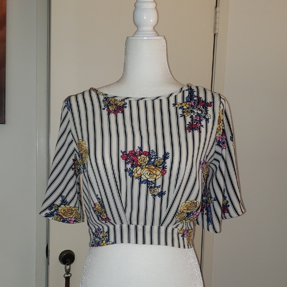 Papermoon Black and White Striped Floral Crop Top